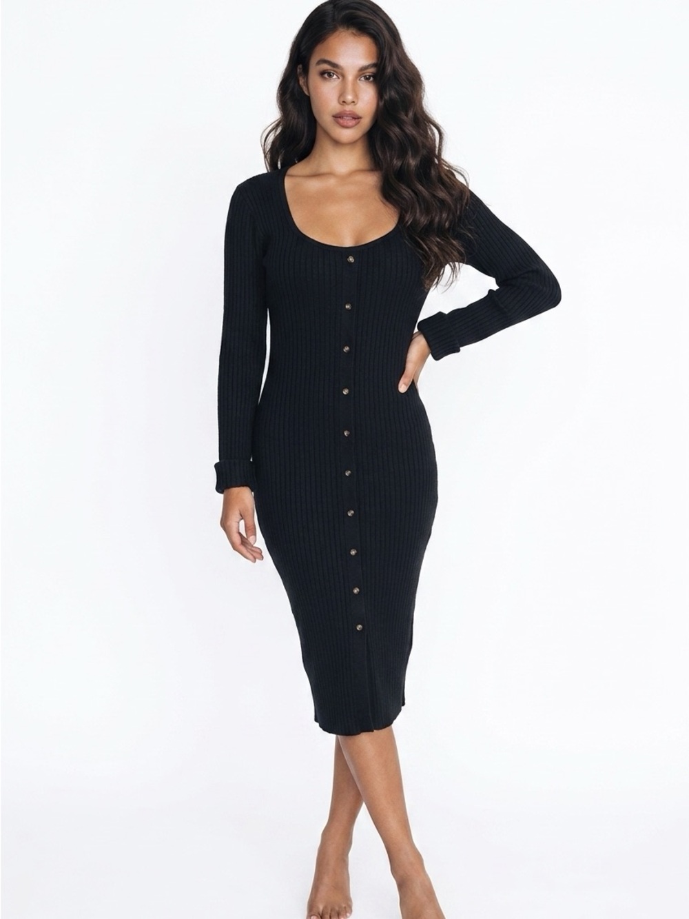 Upwest Womens Small Grey Sweater Dress Button Up Long Sleeve Ribbed Bodycon $98